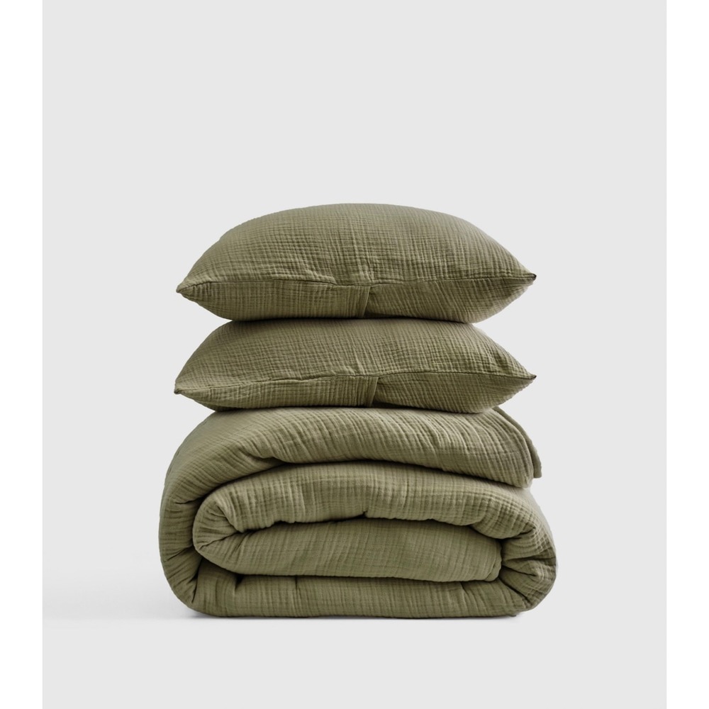 NWOT Quince King Cal King Gauze Organic Cotton Olive Quilt 2 Shams Olive